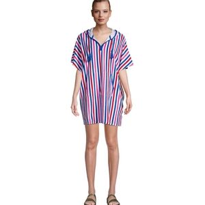 Lands End terry cloth hooded stripe pull over swim coverup dress Beach Vacation